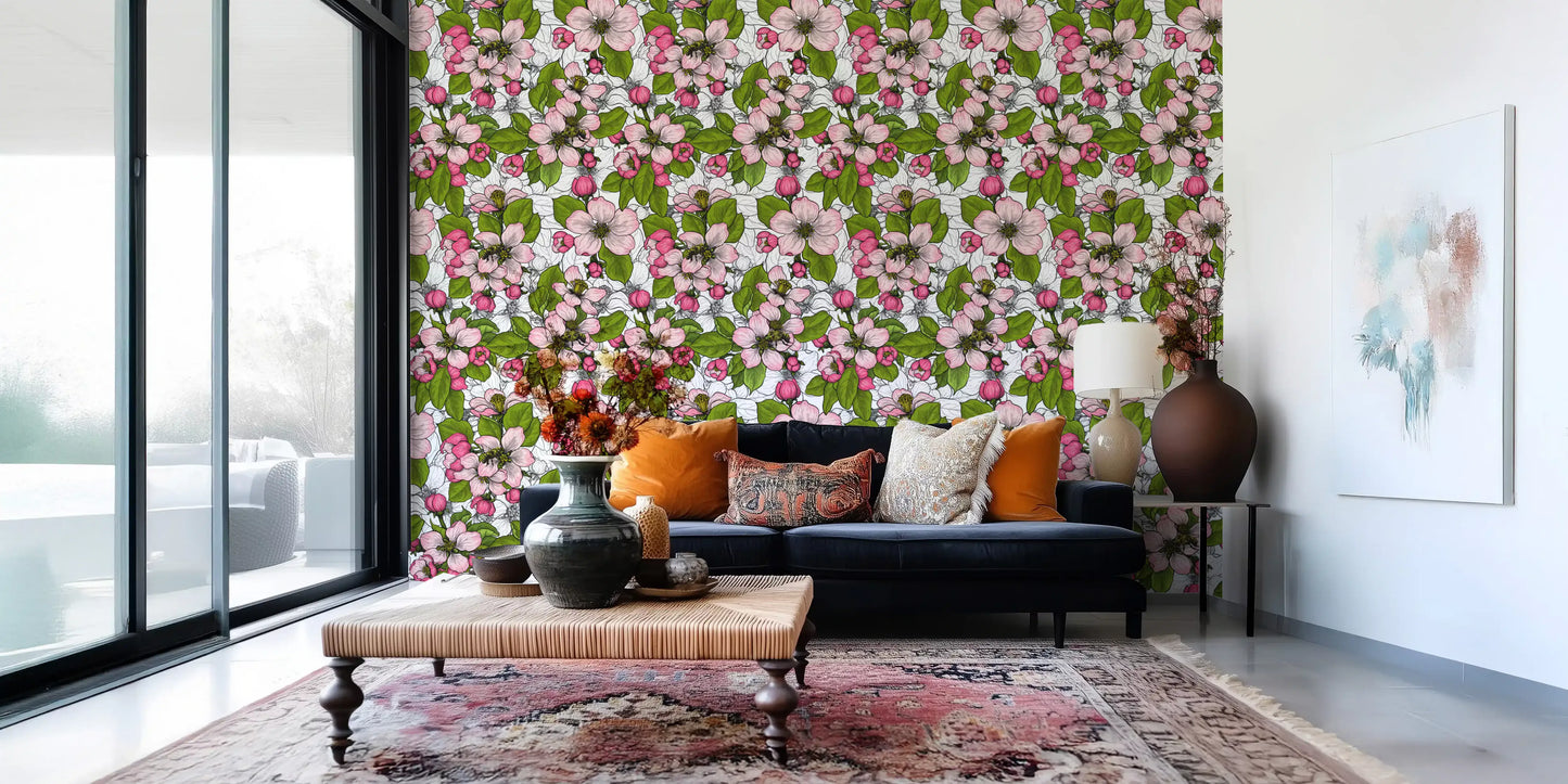 Entryway wall featuring apple blossom floral pattern wallpaper with scattered bee motifs., GD9810