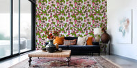 Entryway wall featuring apple blossom floral pattern wallpaper with scattered bee motifs., GD9810