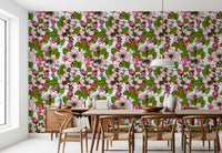 Dining room accent wall with apple blossom pink floral repeat pattern wallpaper., GD9810