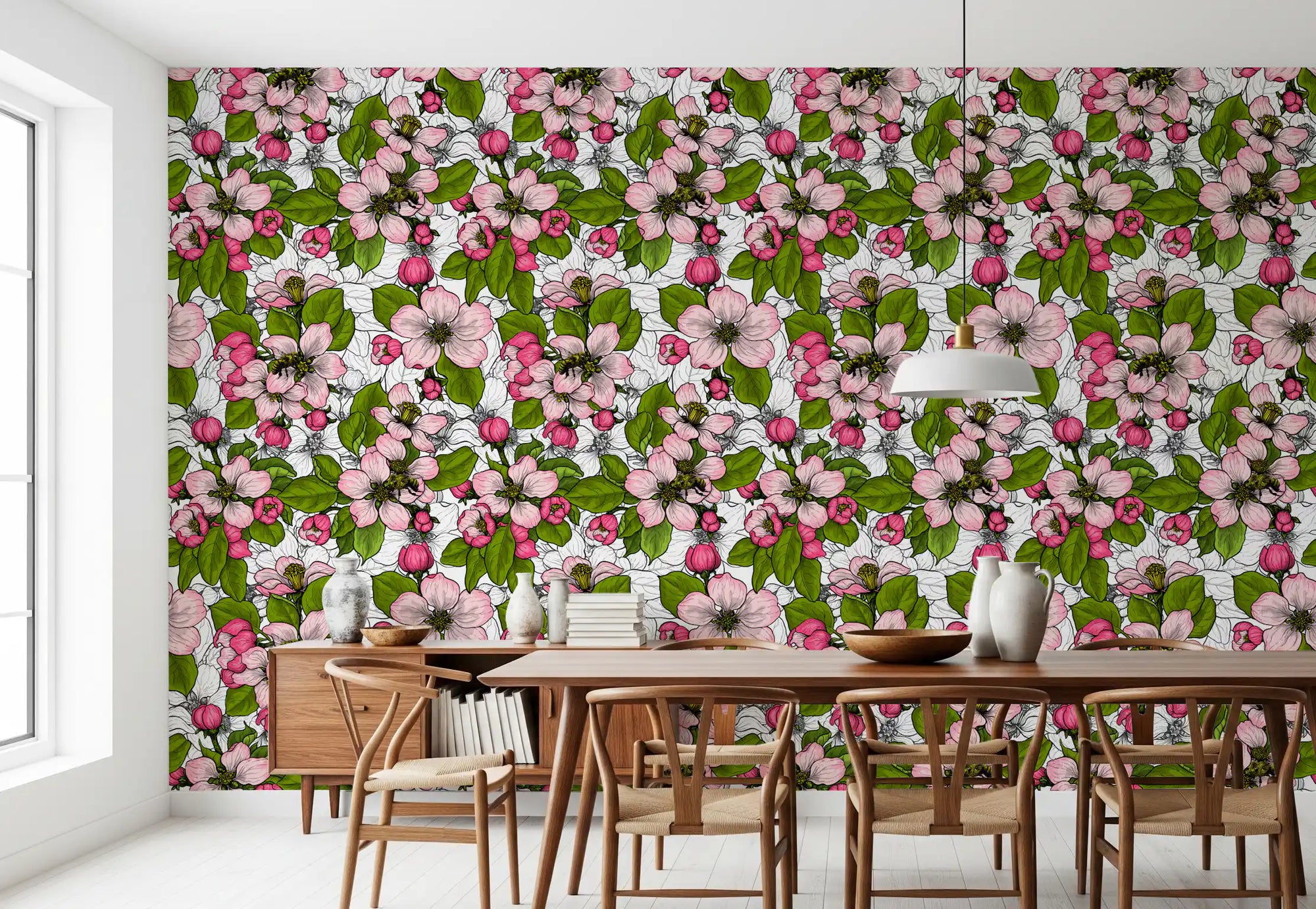 Dining room accent wall with apple blossom pink floral repeat pattern wallpaper., GD9810