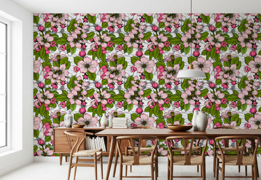Dining room accent wall with apple blossom pink floral repeat pattern wallpaper.