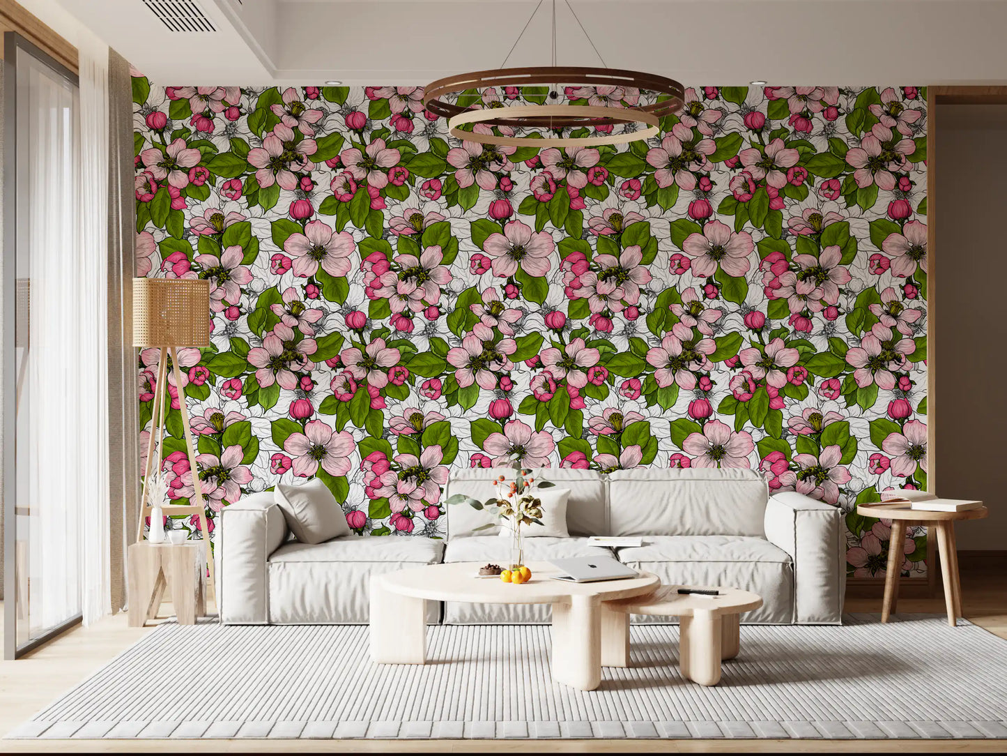 Living room wall with pink apple blossom floral wallpaper in repeat pattern., GD9810