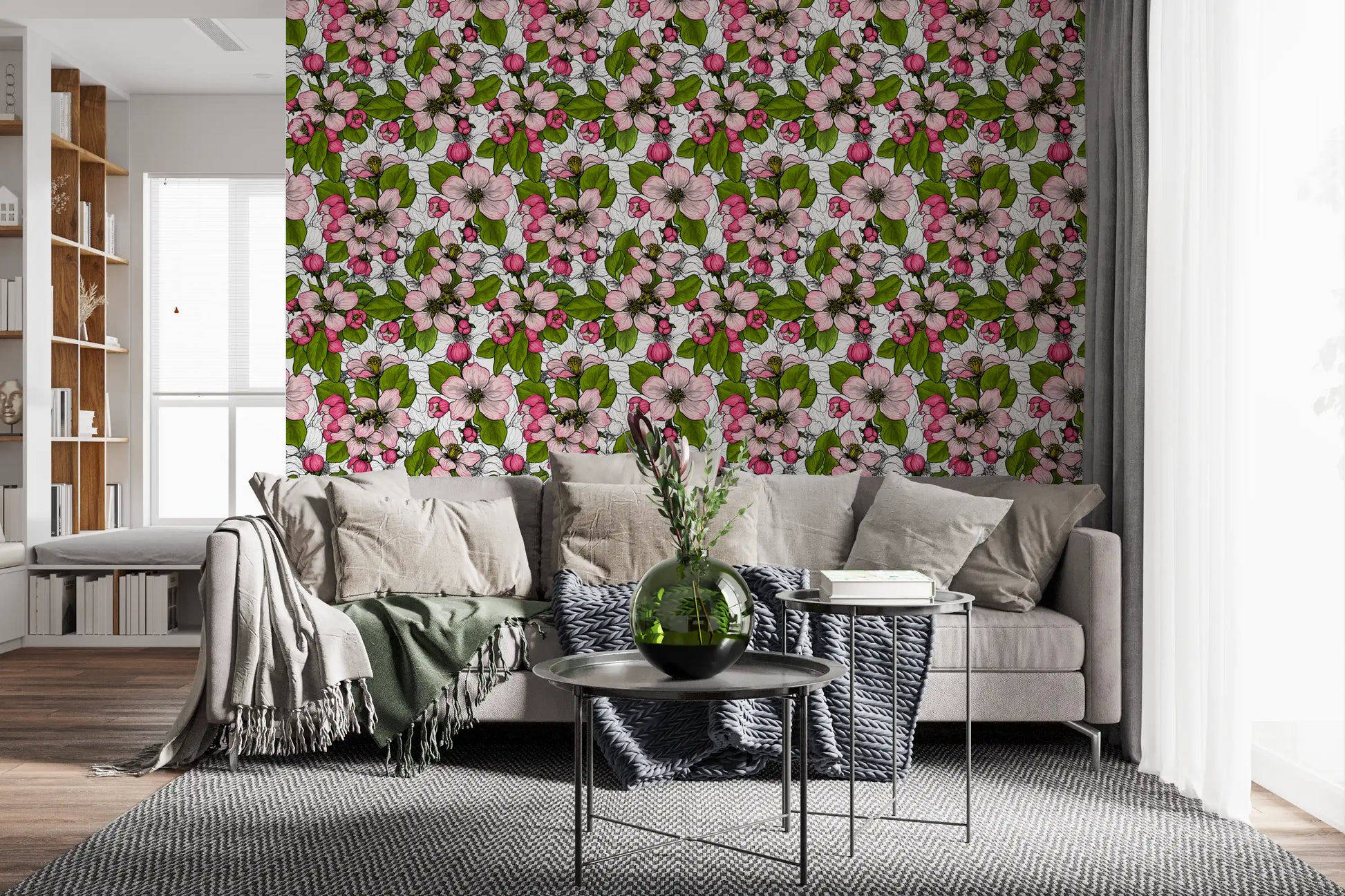 Hallway wall with botanical apple blossom wallpaper in pink green and white tones., GD9810