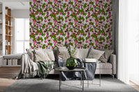 Hallway wall with botanical apple blossom wallpaper in pink green and white tones., GD9810