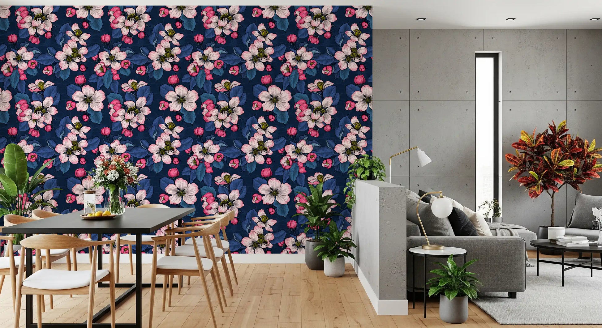 Apple blossom botanical wallpaper on dining area wall.