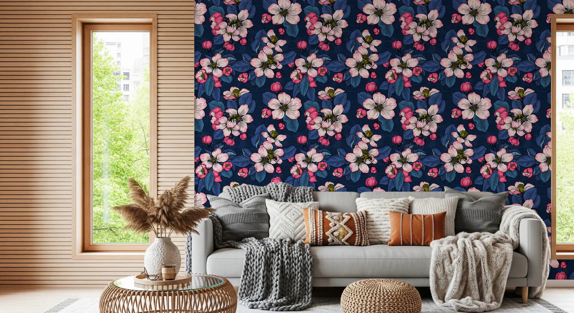 Navy blue floral wallpaper pattern in living room.