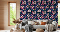 Navy blue floral wallpaper pattern in living room.