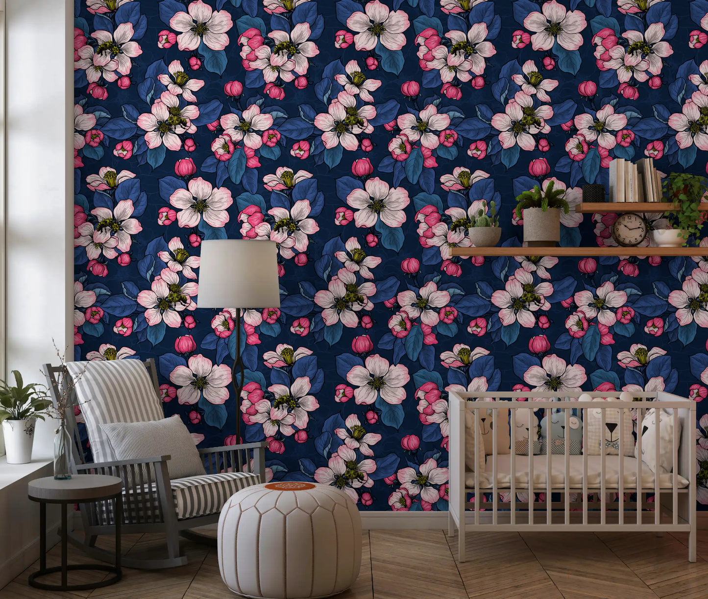 Pink bloom repeat wallpaper on nursery backdrop.