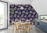 Apple blossom floral wallpaper on dining room feature wall.