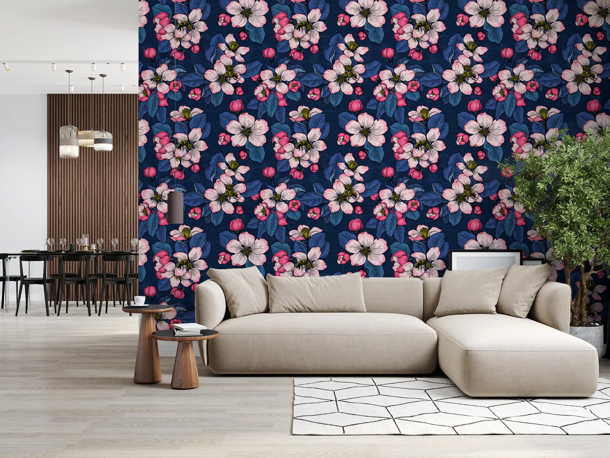 Navy floral botanical wallpaper panel in living room