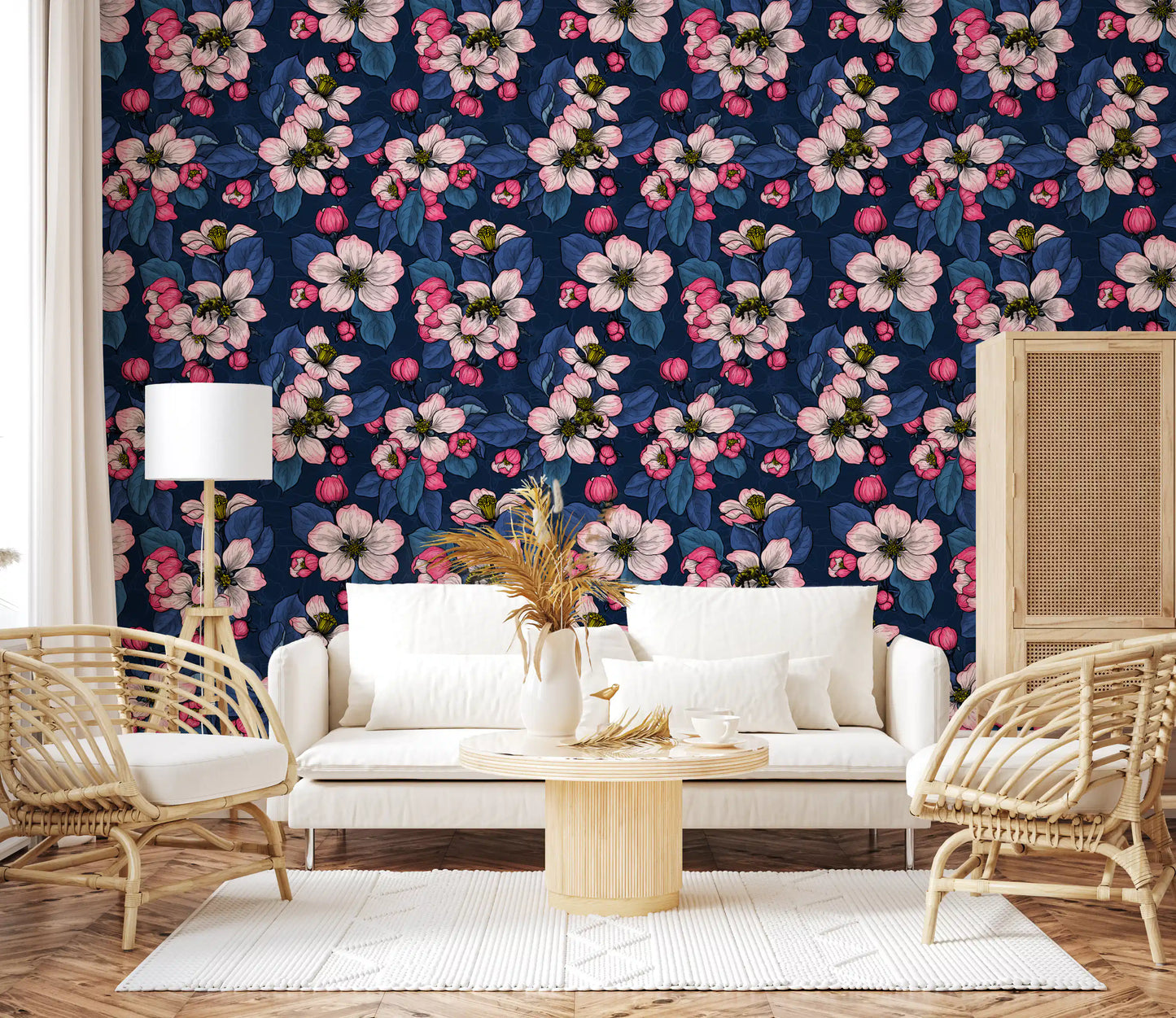 Apple blossom dark blue wallpaper on living room accent wall