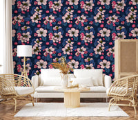 Apple blossom dark blue wallpaper on living room accent wall
