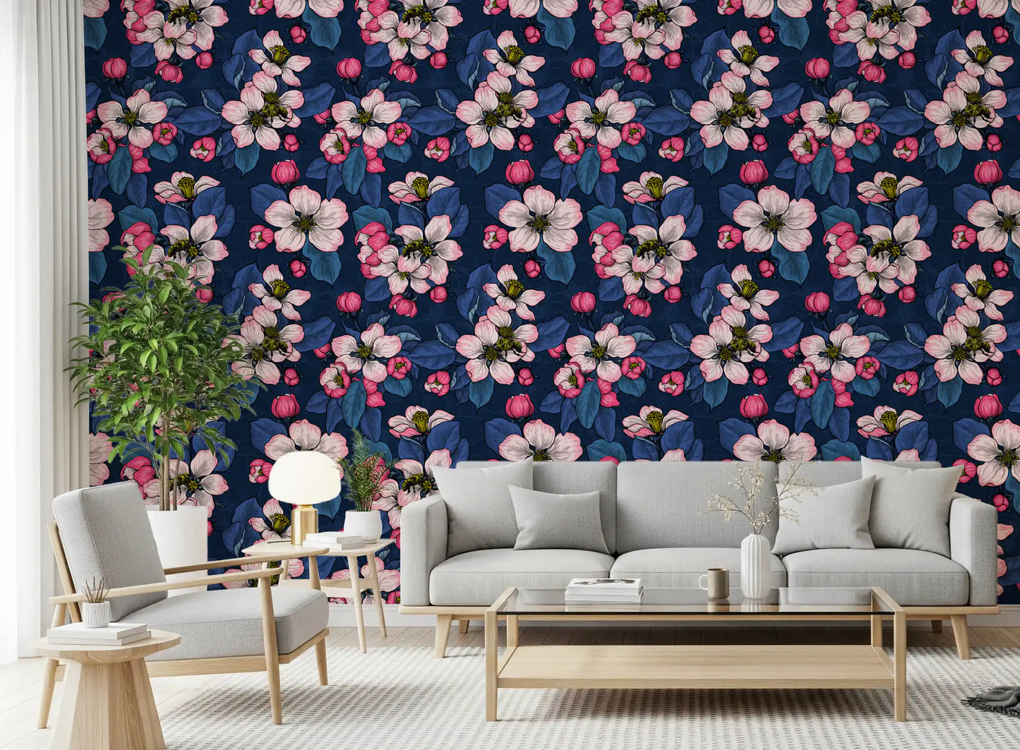 Dark navy botanical wallpaper in bright living room.