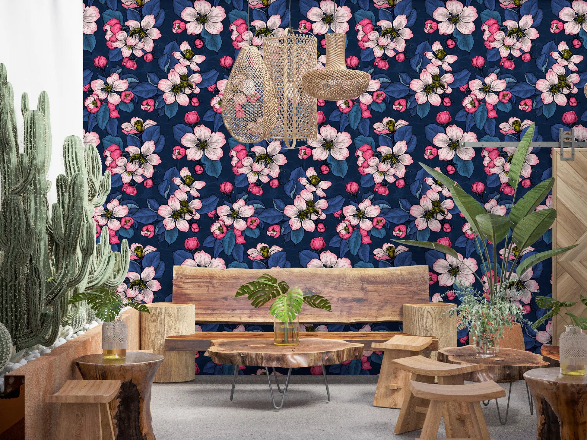 Apple blossom wallpaper with navy background.