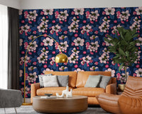 Dark blue floral repeat wallpaper in modern living room.