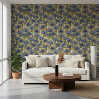 Blue Cornflowers Wallpaper in a botanical design for a living room wall.