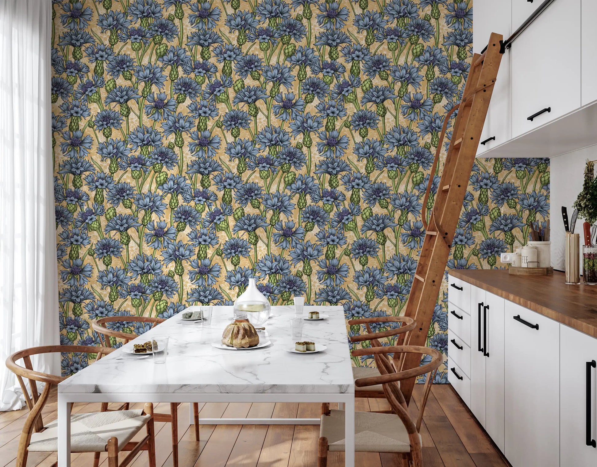 Blue Cornflowers Wallpaper with tan background and green leaf patterns.
