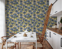 Blue Cornflowers Wallpaper with tan background and green leaf patterns.
