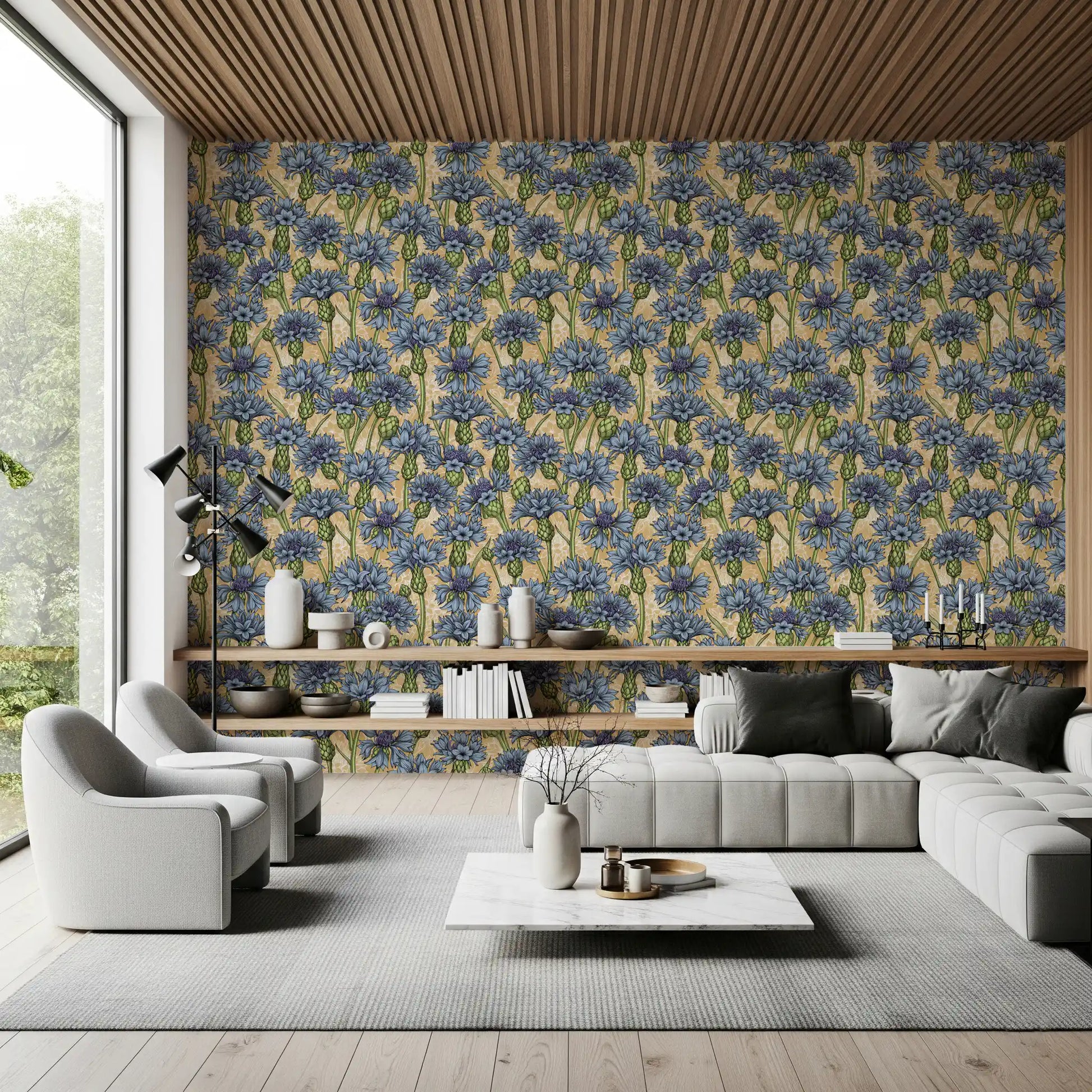 Printed swatch of cornflowers wallpaper showing visible fine linework on golden amber field.