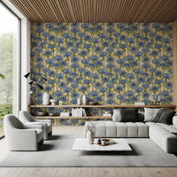 Printed swatch of cornflowers wallpaper showing visible fine linework on golden amber field.