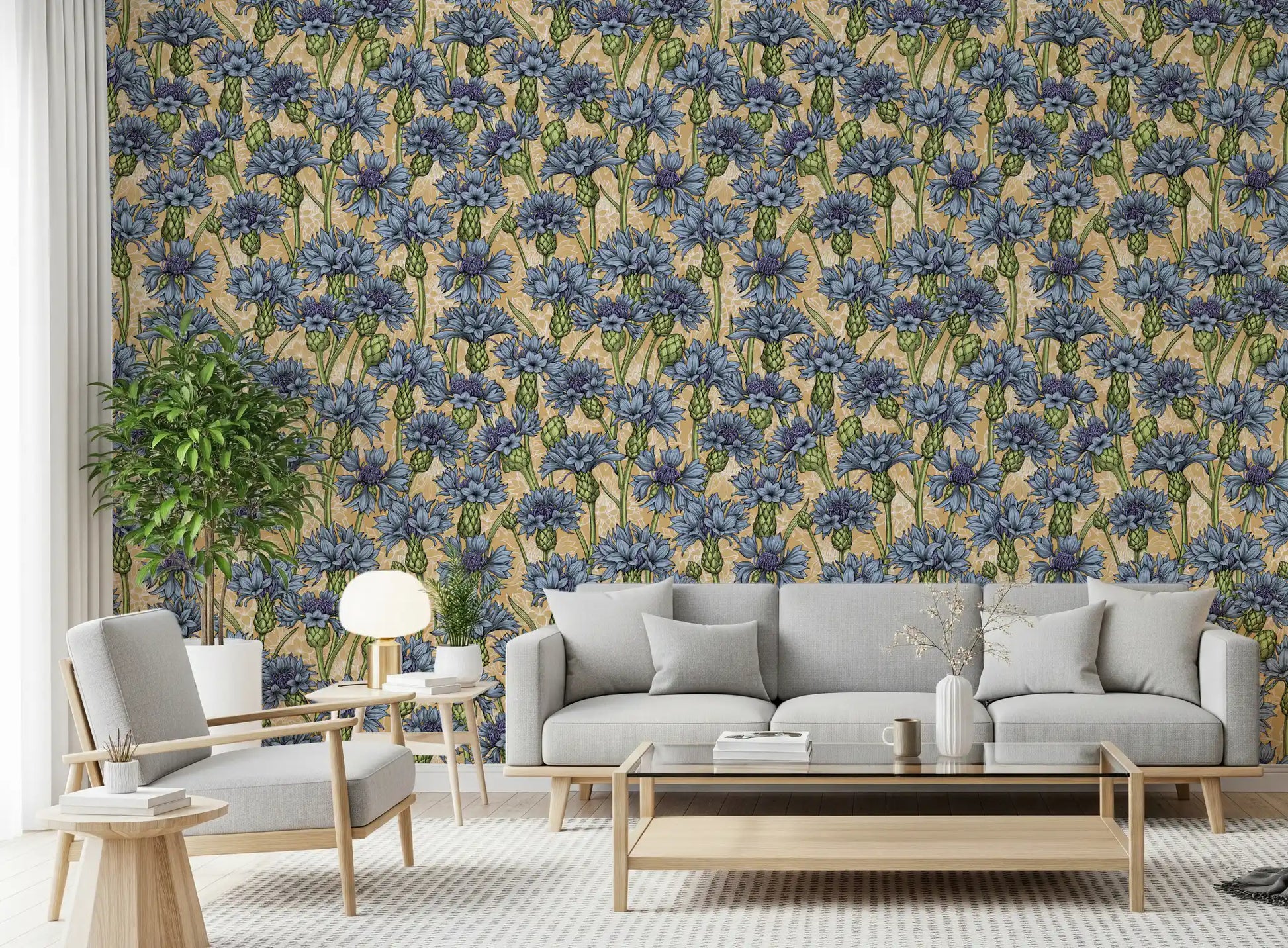 Full installation of blue cornflowers botanical wallpaper across a wide feature wall.