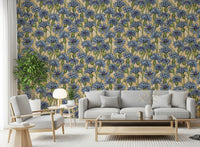 Full installation of blue cornflowers botanical wallpaper across a wide feature wall.