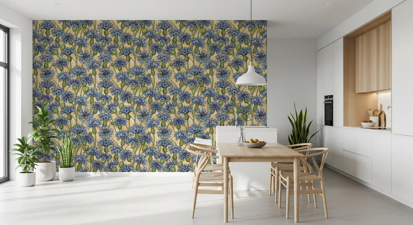 Blue Cornflowers Wallpaper for dining rom walls in a vintage floral style.