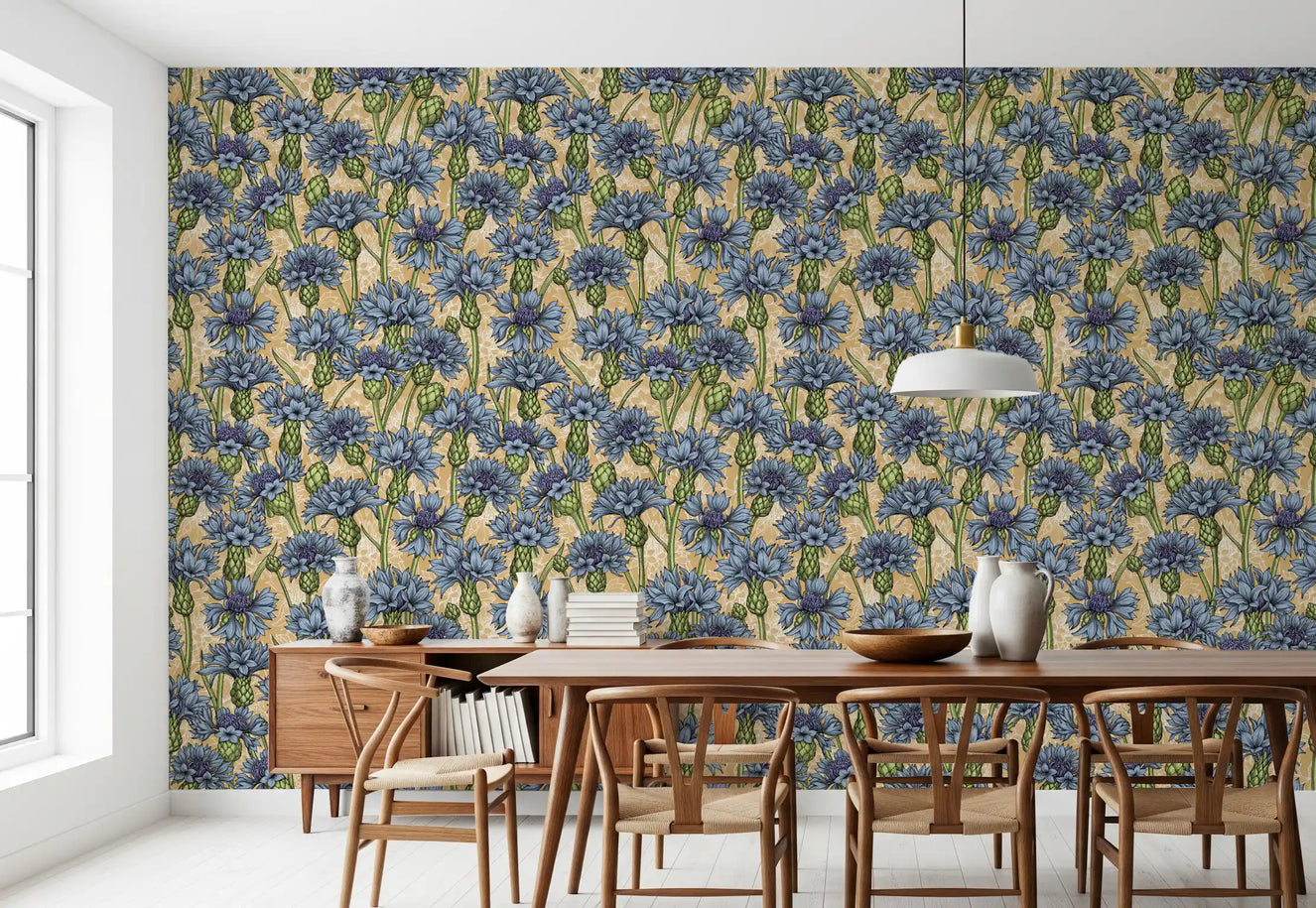Cornflowers Wallpaper featuring illustrated blue flower stems for dining area.