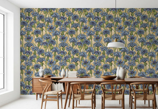 Cornflowers Wallpaper featuring illustrated blue flower stems for dining area.