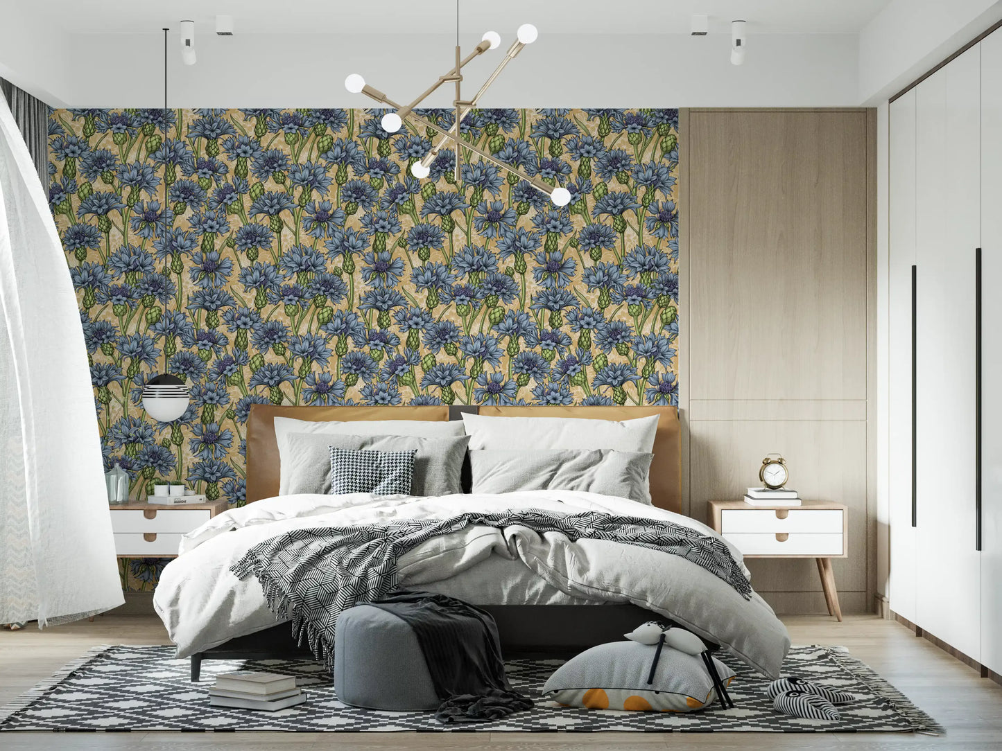 Floral wallpaper with blue cornflower petals and green budding stems.