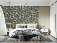 Floral wallpaper with blue cornflower petals and green budding stems.