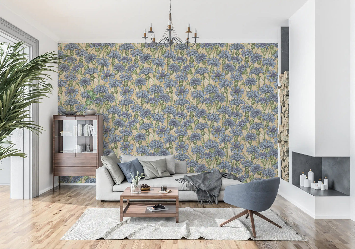 Floral wallpaper with blue cornflower petals and green budding stems.