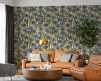 Artichoke buds and blue cornflowers spread along hallway wallpaper in golden amber botanical print.