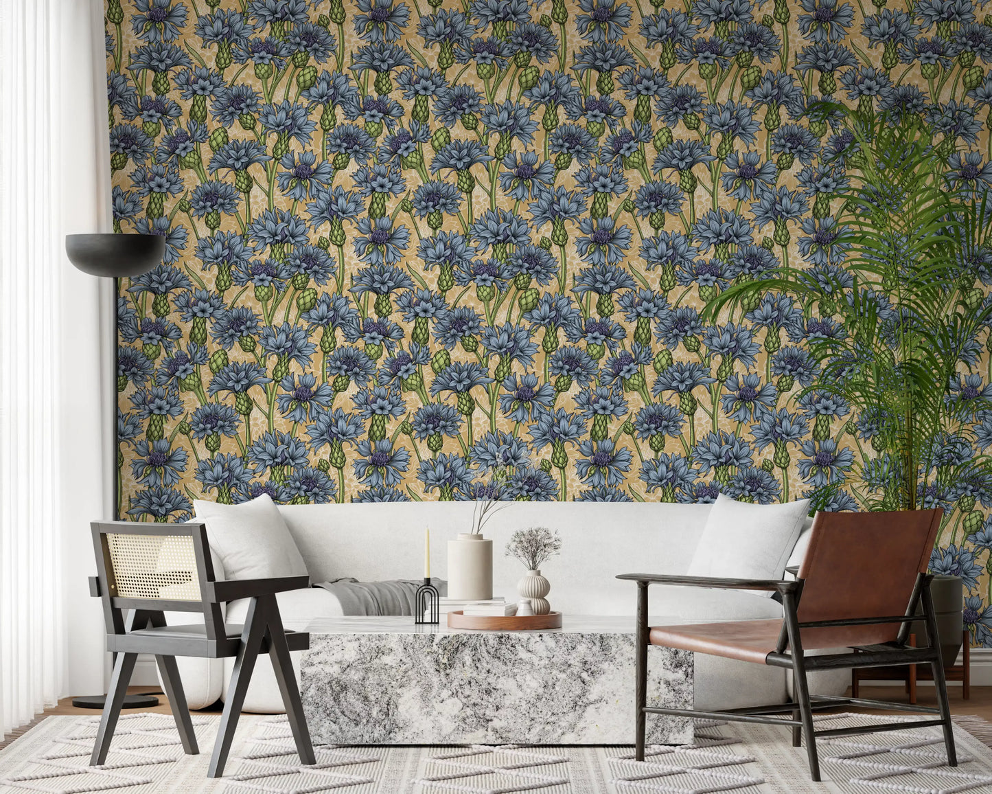 Vintage blue cornflower wallpaper with tan backdrop and green plant art.