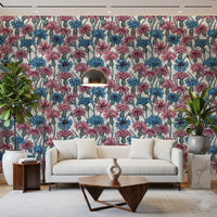 Blue cornflowers and pink petals on white background floral wallpaper.