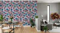 Detailed blue cornflowers and pink blossom garden print wallpaper.