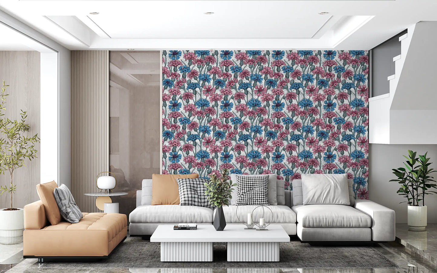 Pink flowers and blue cornflowers botanical pattern wallpaper for living room.
