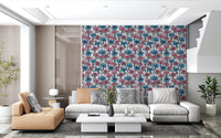 Pink flowers and blue cornflowers botanical pattern wallpaper for living room.