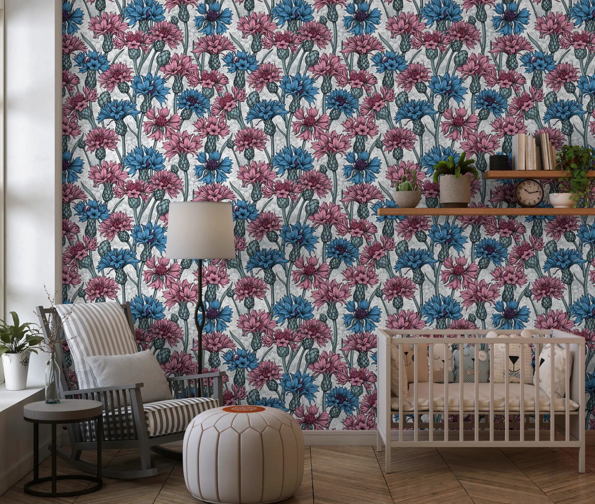 Pink and blue cornflowers white Wallpaper for a nursery backdrop., GD9813