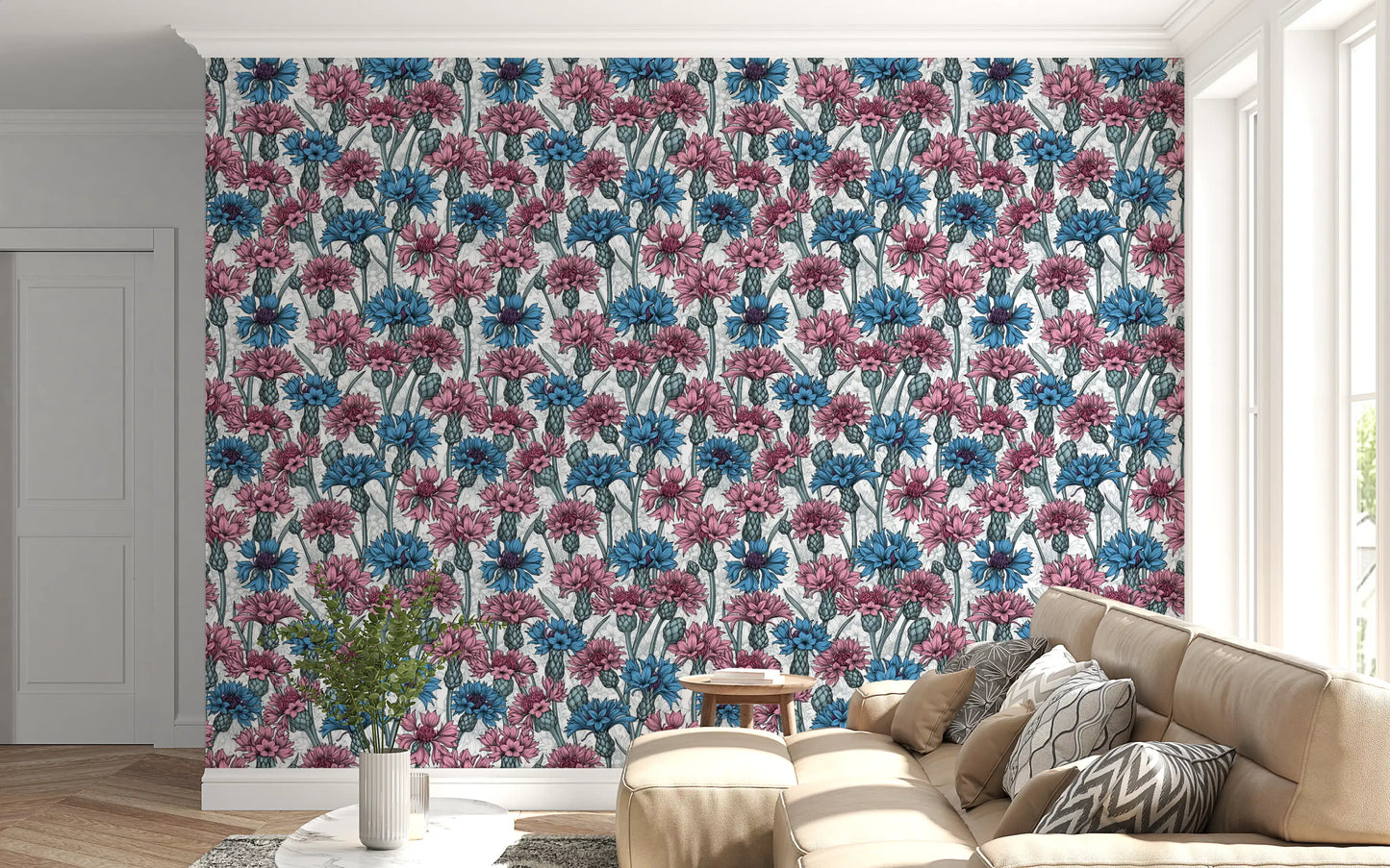 Pink and blue cornflowers white Wallpaper for a living room.