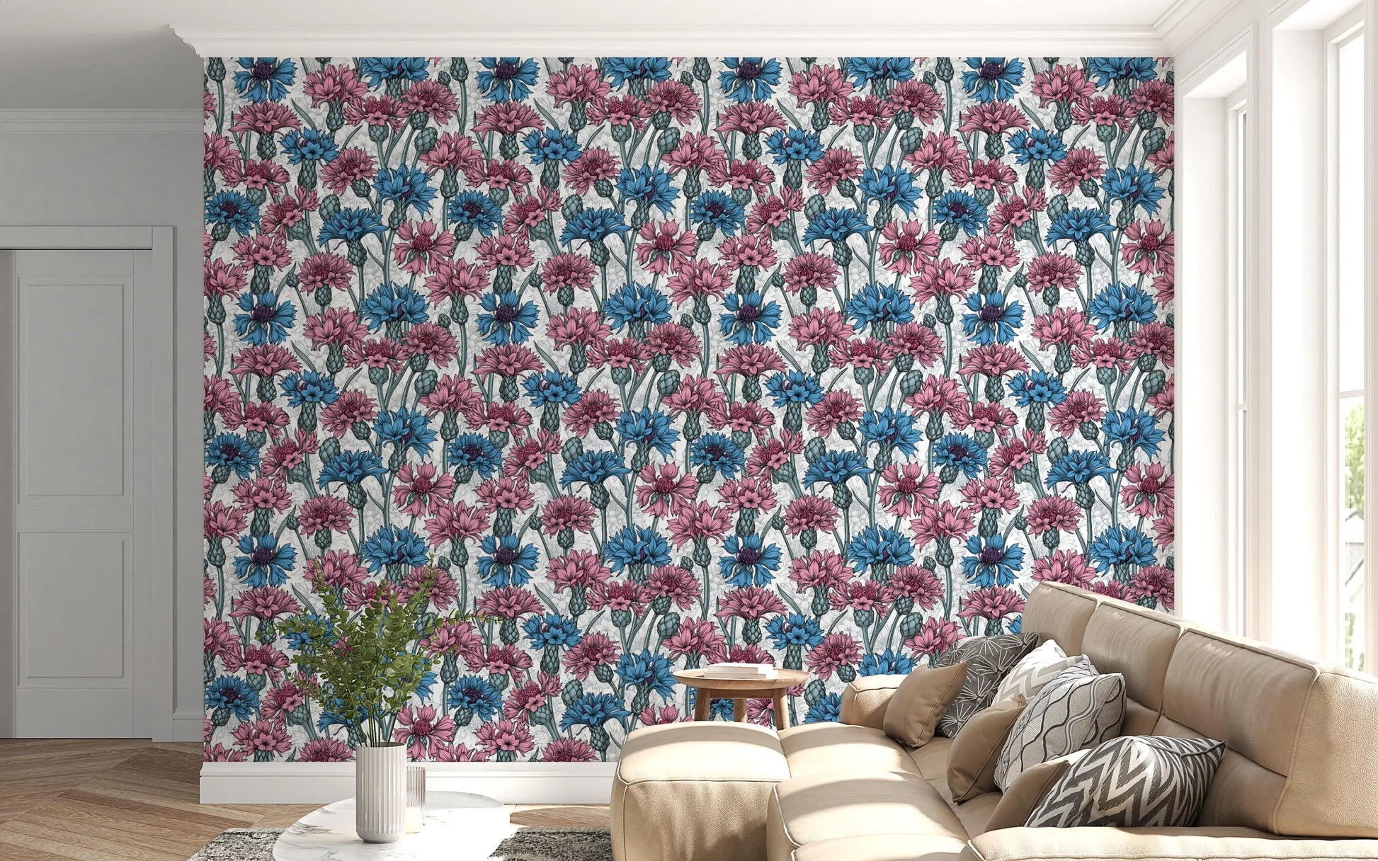 Pink and blue cornflowers white Wallpaper for a living room.