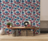 Blue cornflowers and pink petals on white background floral wallpaper.