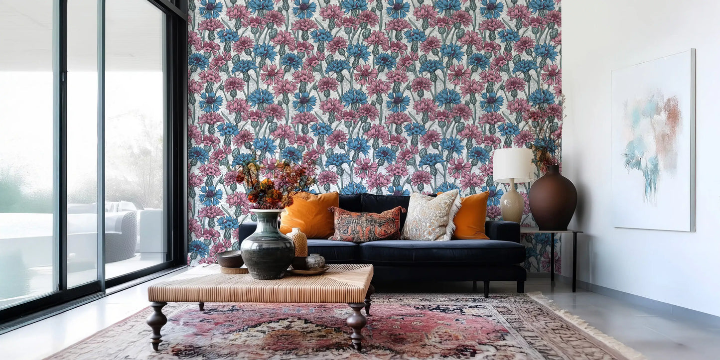 Pink and blue cornflowers white Wallpaper in a modern living room.