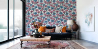Pink and blue cornflowers white Wallpaper in a modern living room.