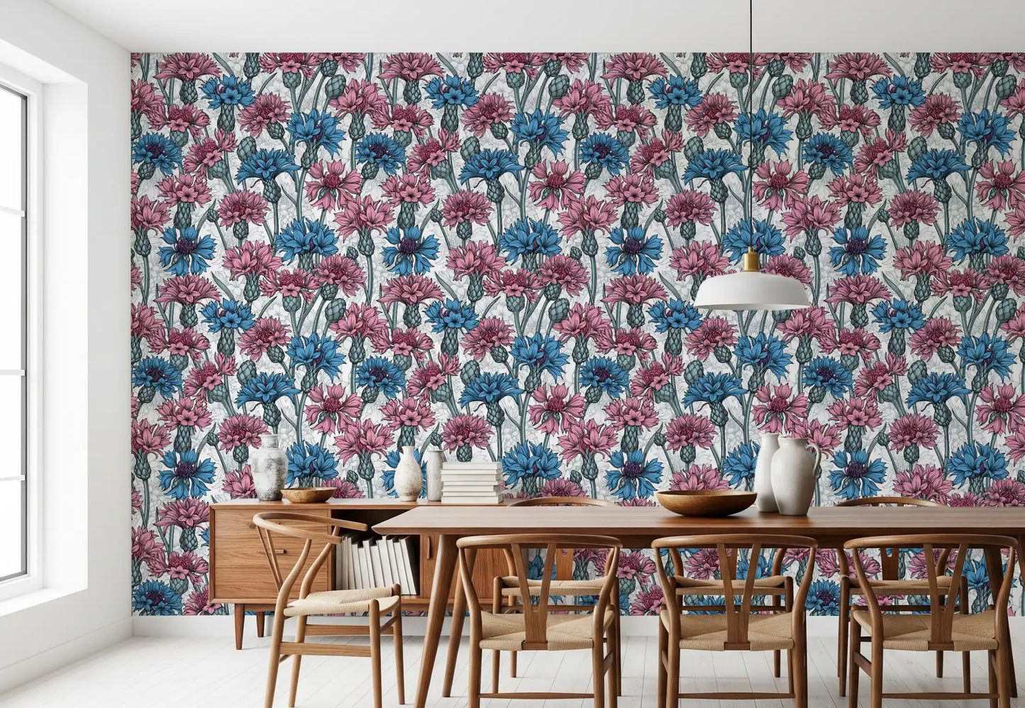 Vintage style floral cornflowers line art in pink and blue wallpaper.
