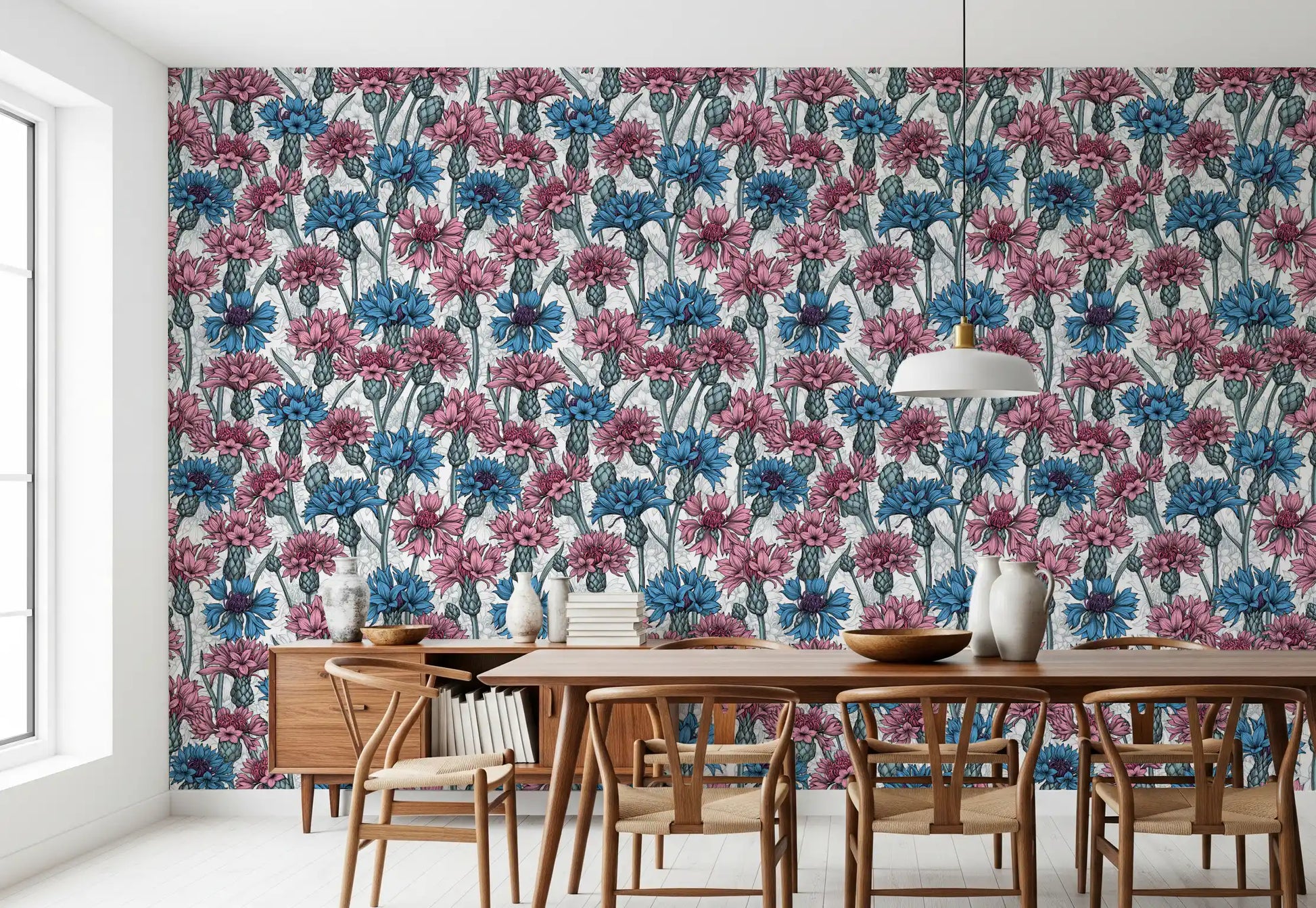 Vintage style floral cornflowers line art in pink and blue wallpaper.