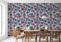 Vintage style floral cornflowers line art in pink and blue wallpaper.
