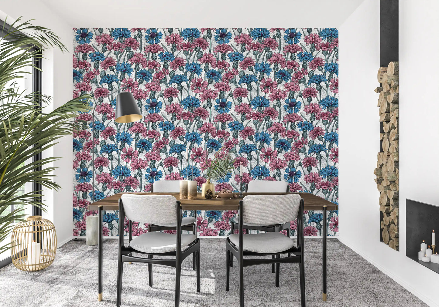 Blue and pink cornflower garden illustration on white floral wallpaper.