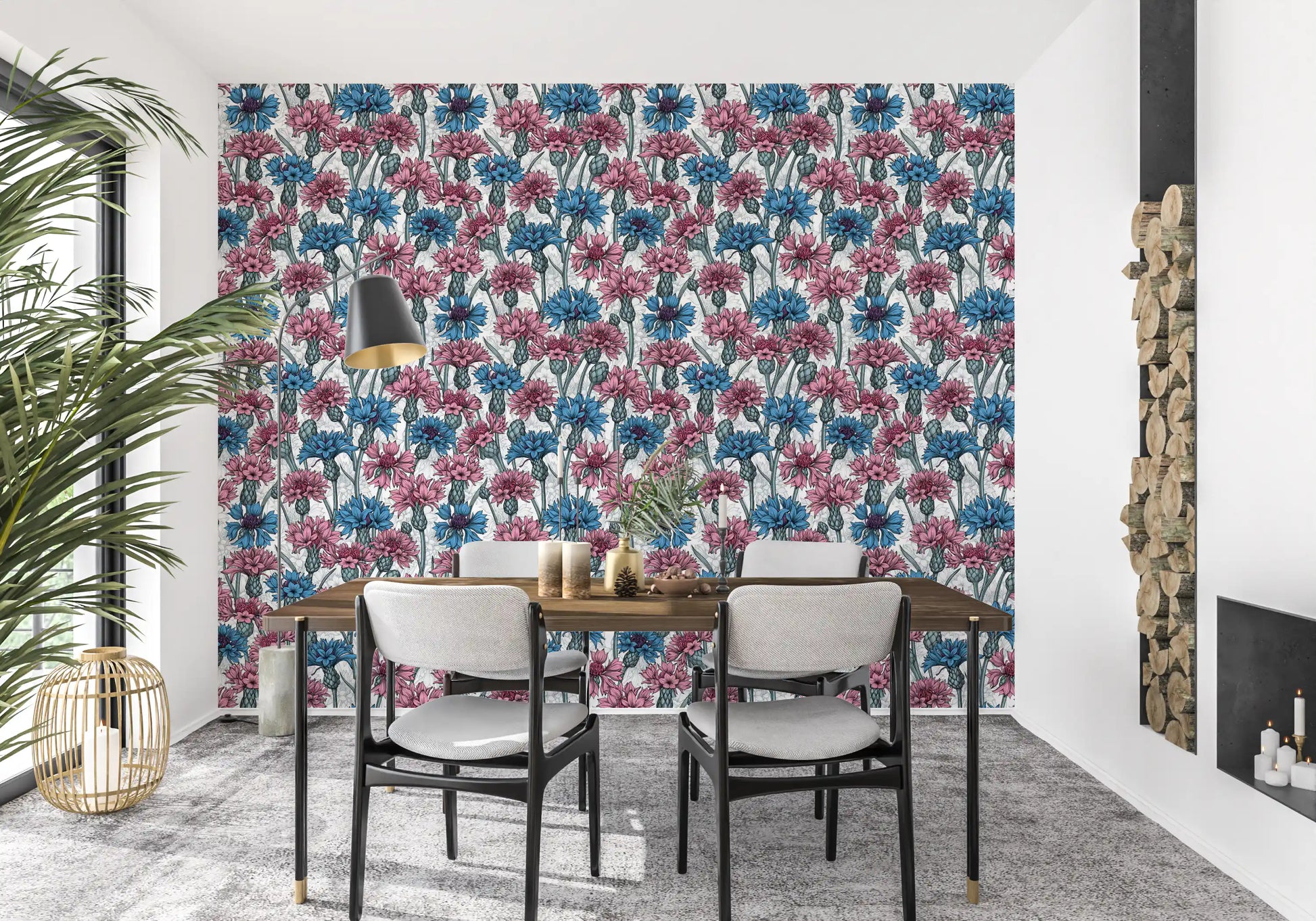 Blue and pink cornflower garden illustration on white floral wallpaper.