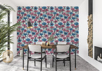 Blue and pink cornflower garden illustration on white floral wallpaper.